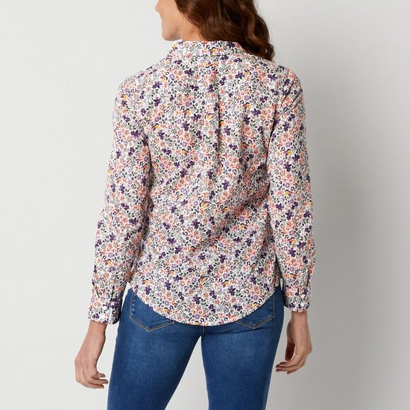 St John's Bay women's blue and coral floral button front shirt w/pockets size L - Picture 3 of 15